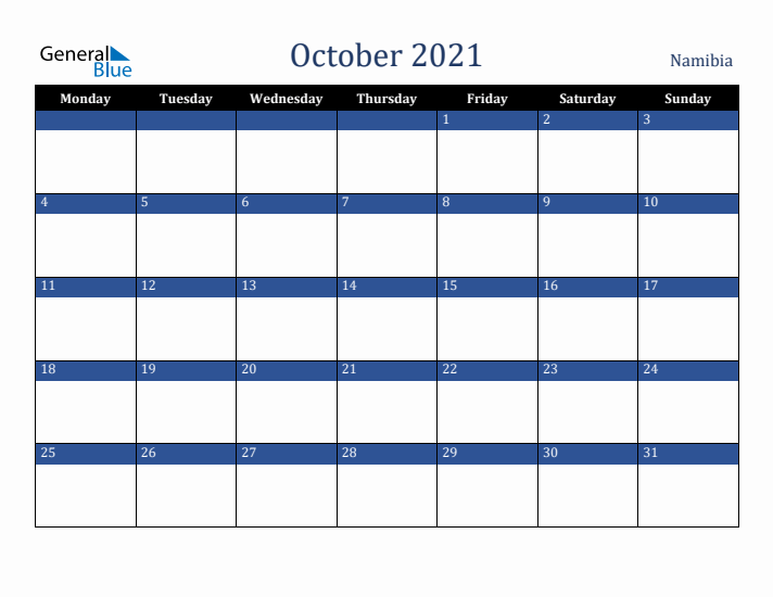 October 2021 Namibia Calendar (Monday Start)
