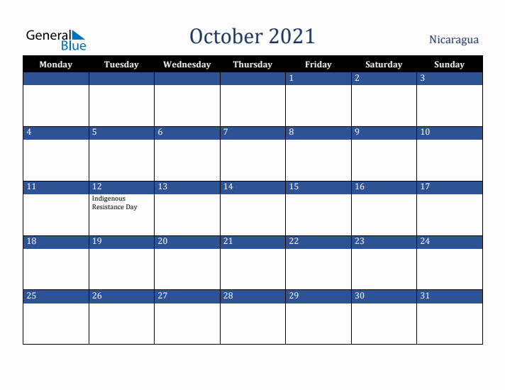 October 2021 Nicaragua Calendar (Monday Start)
