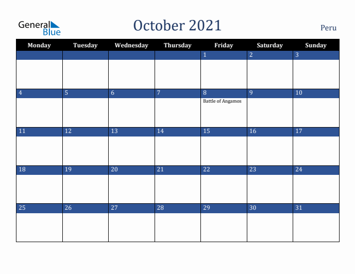 October 2021 Peru Calendar (Monday Start)