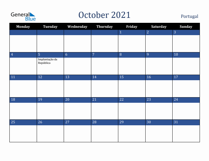 October 2021 Portugal Calendar (Monday Start)