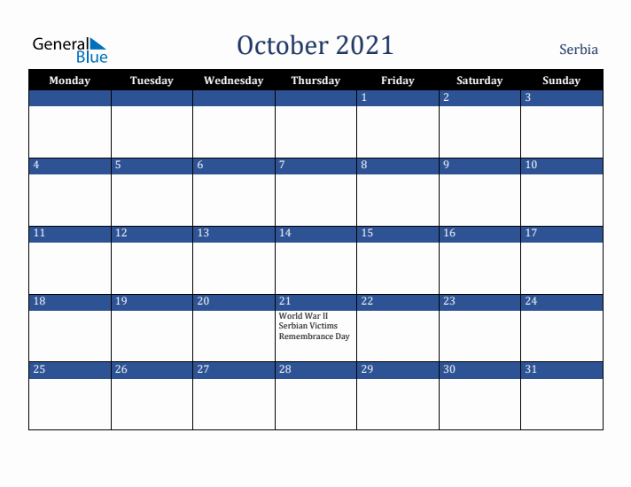 October 2021 Serbia Calendar (Monday Start)