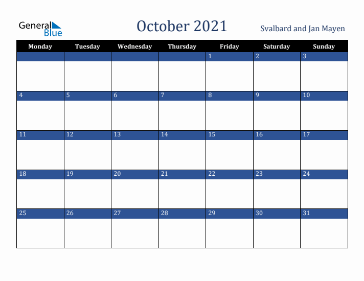 October 2021 Svalbard and Jan Mayen Calendar (Monday Start)