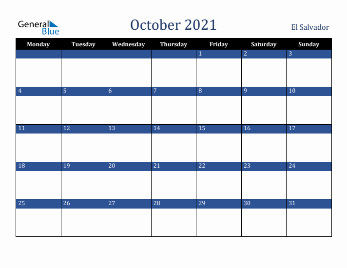 October 2021 El Salvador Calendar (Monday Start)