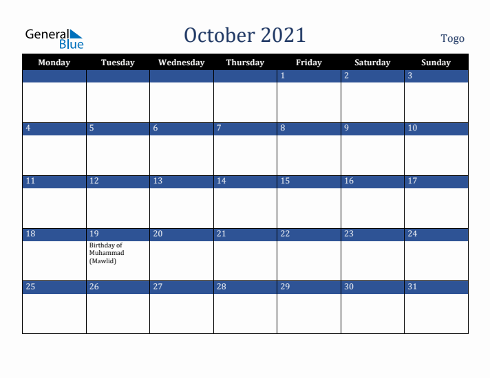 October 2021 Togo Calendar (Monday Start)