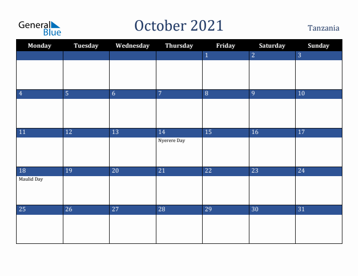 October 2021 Tanzania Calendar (Monday Start)