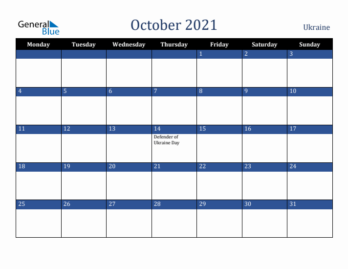 October 2021 Ukraine Calendar (Monday Start)
