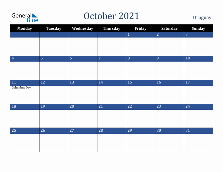 October 2021 Uruguay Calendar (Monday Start)