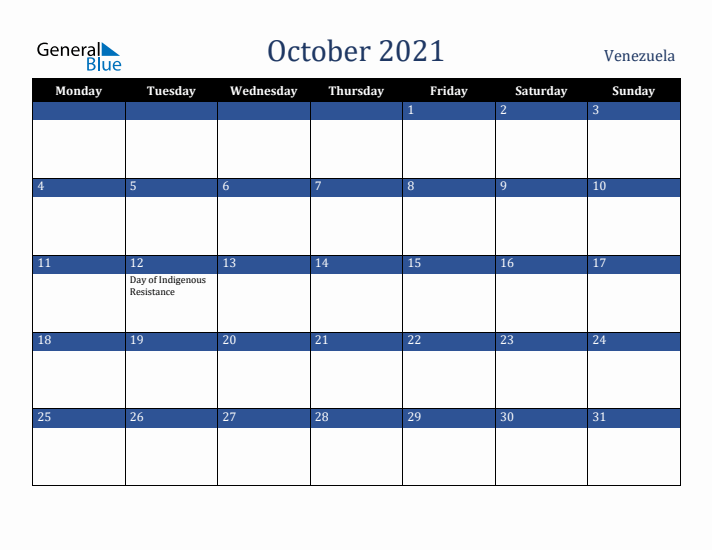 October 2021 Venezuela Calendar (Monday Start)