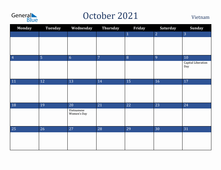 October 2021 Vietnam Calendar (Monday Start)