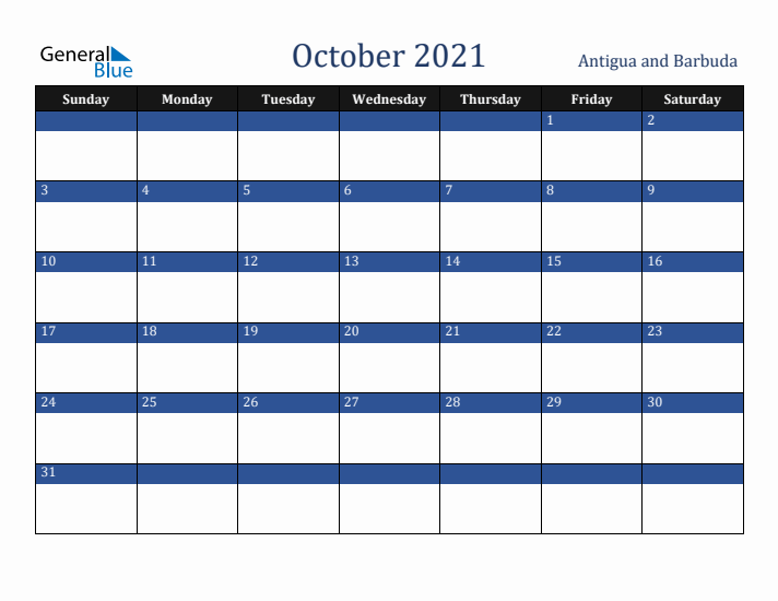 October 2021 Antigua and Barbuda Calendar (Sunday Start)
