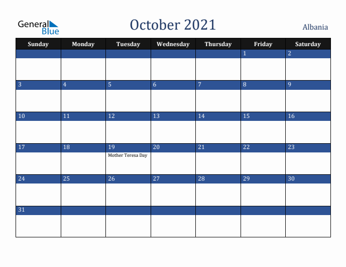 October 2021 Albania Calendar (Sunday Start)