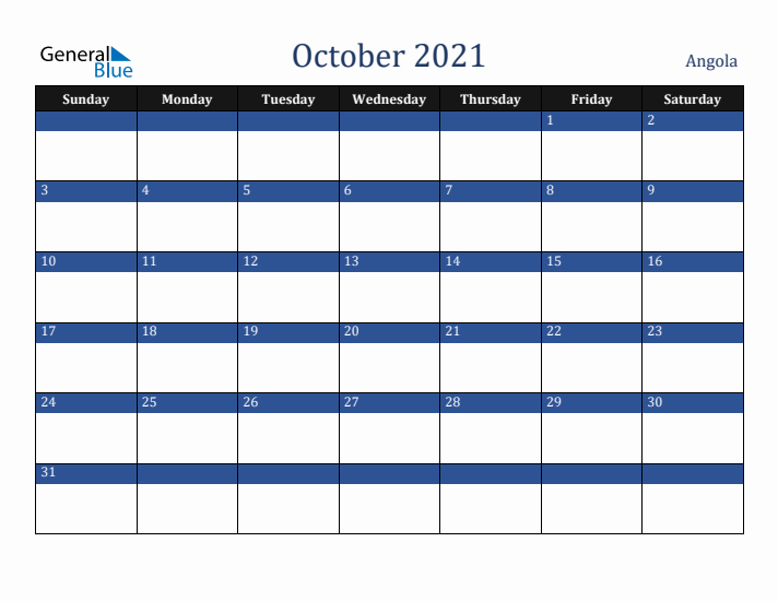 October 2021 Angola Calendar (Sunday Start)