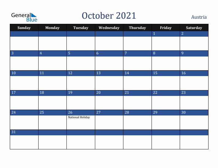 October 2021 Austria Calendar (Sunday Start)