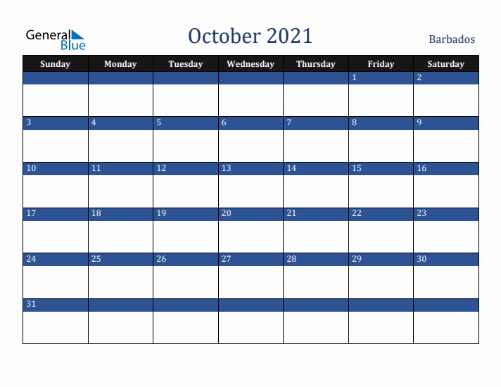 October 2021 Barbados Calendar (Sunday Start)