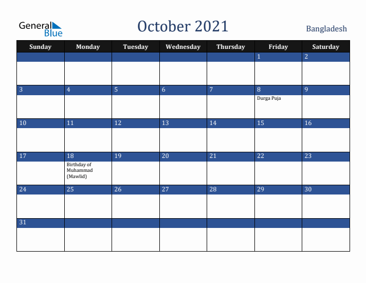 October 2021 Bangladesh Calendar (Sunday Start)