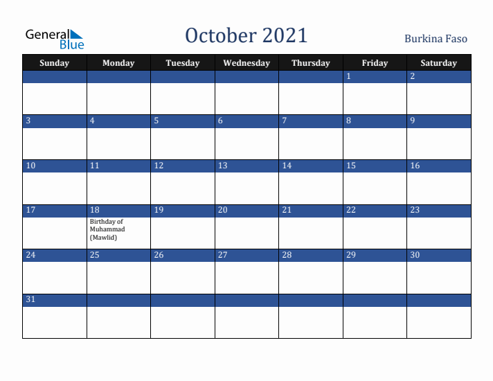 October 2021 Burkina Faso Calendar (Sunday Start)