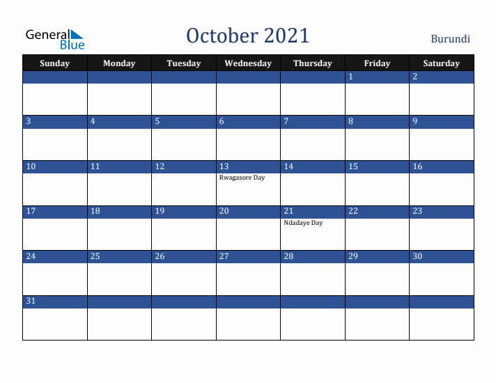 October 2021 Burundi Calendar (Sunday Start)