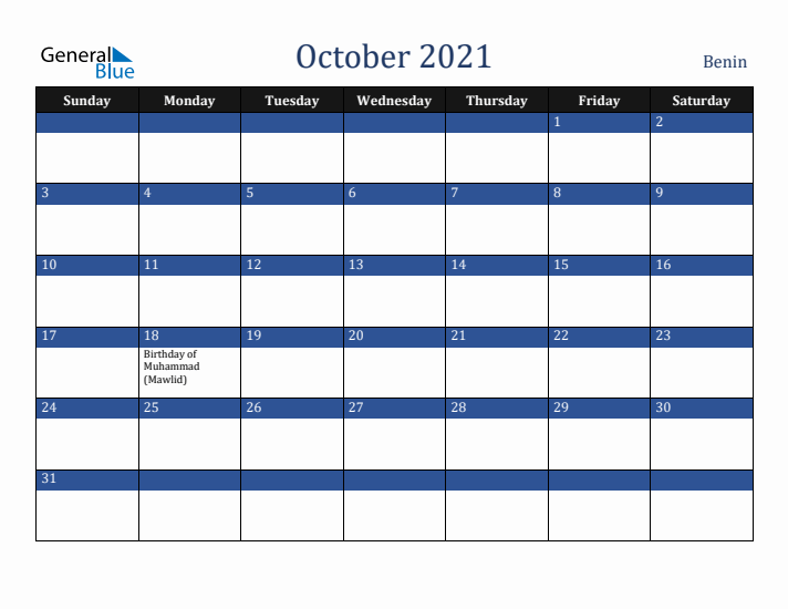 October 2021 Benin Calendar (Sunday Start)