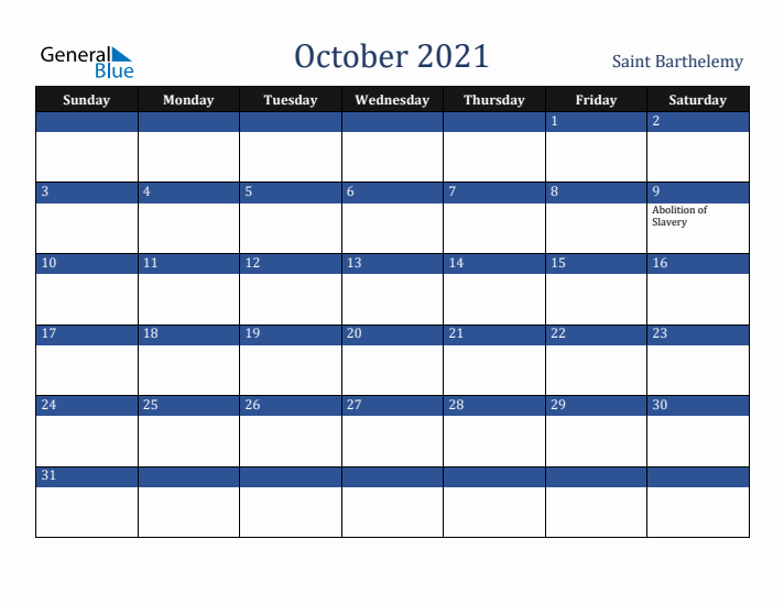 October 2021 Saint Barthelemy Calendar (Sunday Start)