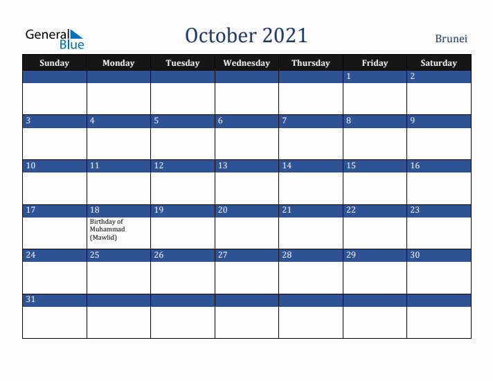 October 2021 Brunei Calendar (Sunday Start)
