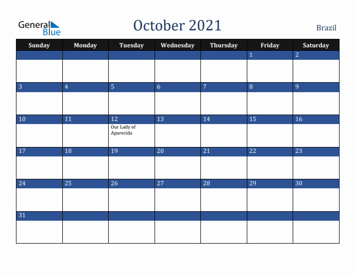 October 2021 Brazil Calendar (Sunday Start)