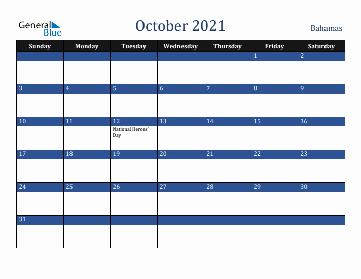 October 2021 Bahamas Calendar (Sunday Start)