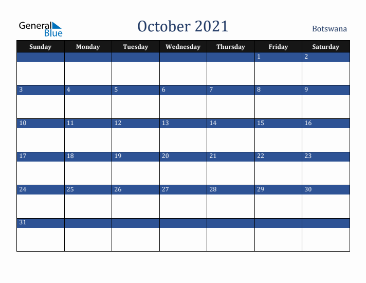 October 2021 Botswana Calendar (Sunday Start)