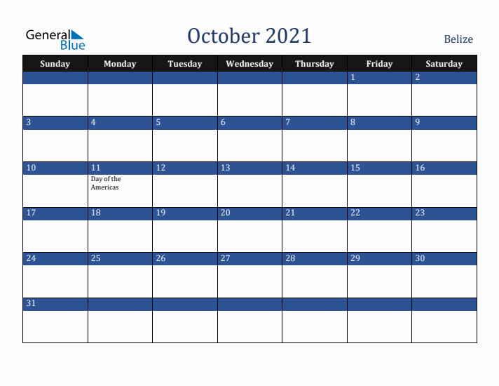 October 2021 Belize Calendar (Sunday Start)