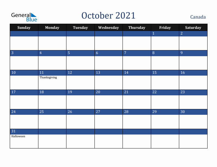 October 2021 Canada Calendar (Sunday Start)