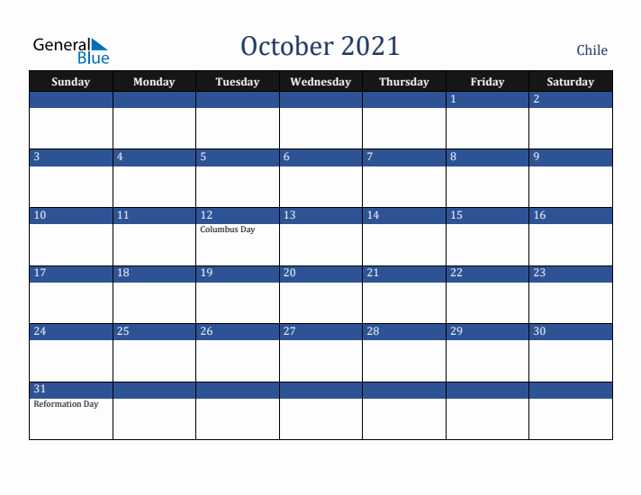 October 2021 Chile Calendar (Sunday Start)