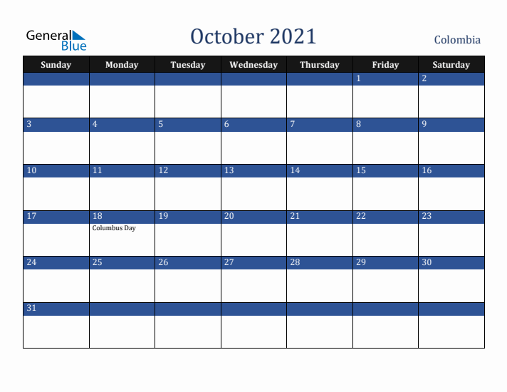 October 2021 Colombia Calendar (Sunday Start)