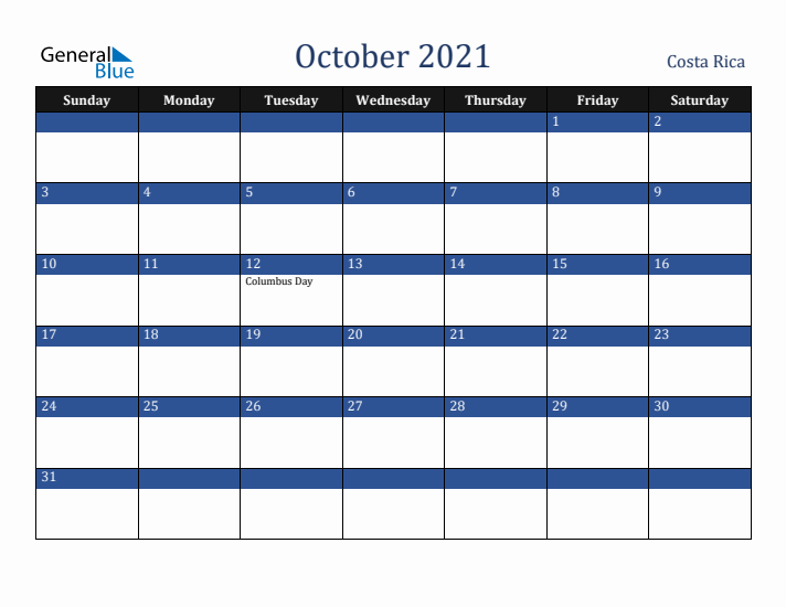 October 2021 Costa Rica Calendar (Sunday Start)