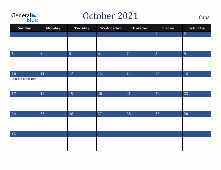 October 2021 Cuba Calendar (Sunday Start)