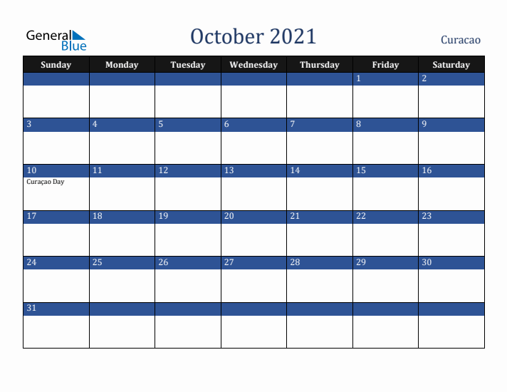 October 2021 Curacao Calendar (Sunday Start)