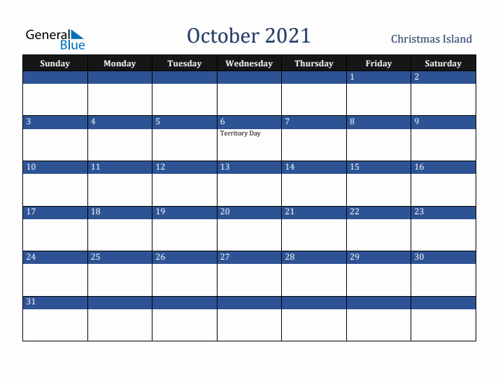 October 2021 Christmas Island Calendar (Sunday Start)