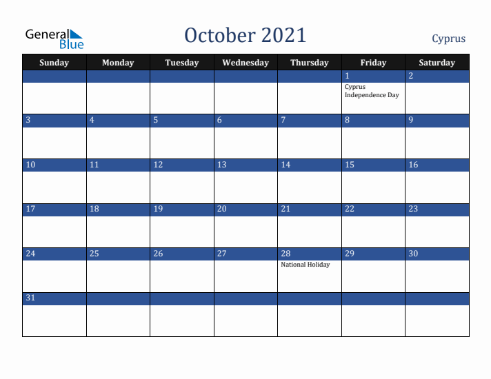 October 2021 Cyprus Calendar (Sunday Start)
