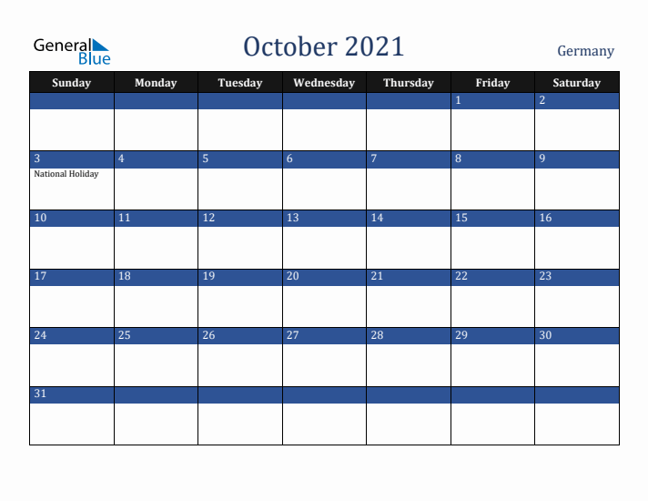 October 2021 Germany Calendar (Sunday Start)