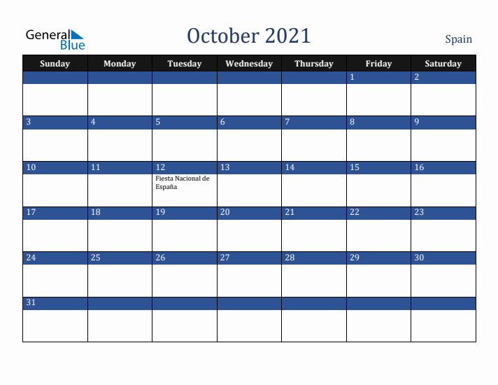 October 2021 Spain Calendar (Sunday Start)