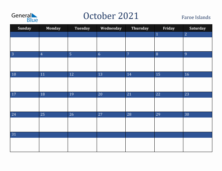 October 2021 Faroe Islands Calendar (Sunday Start)