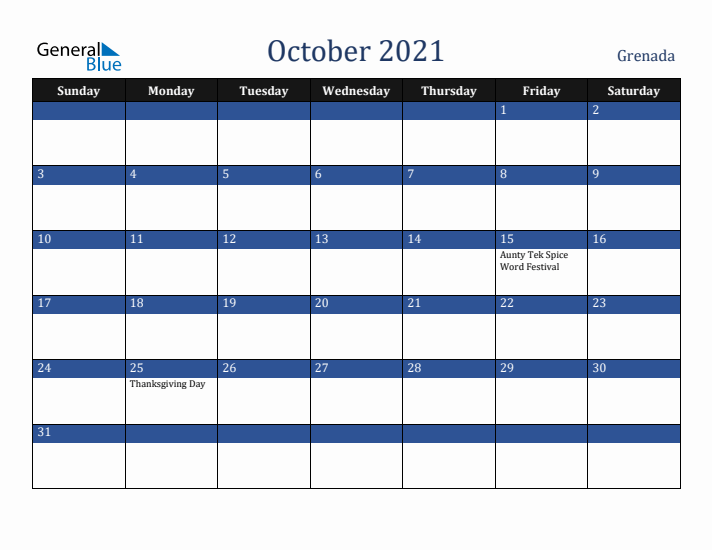 October 2021 Grenada Calendar (Sunday Start)