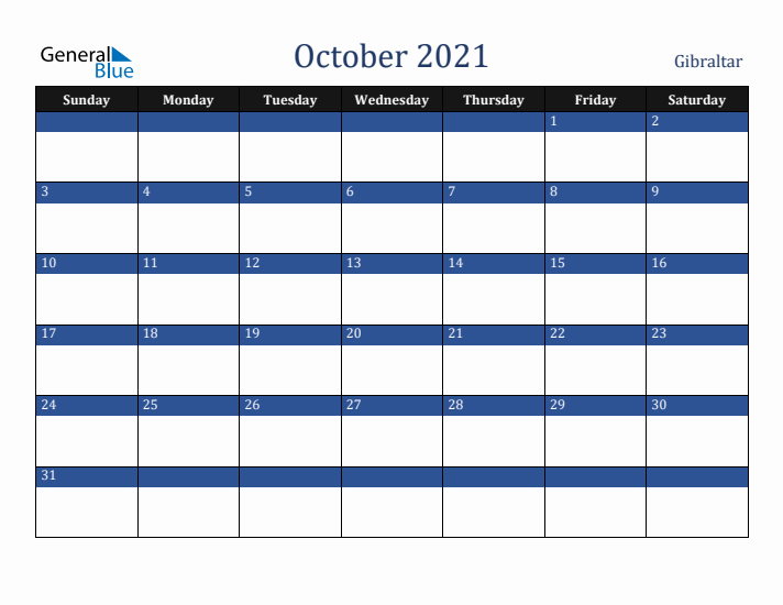 October 2021 Gibraltar Calendar (Sunday Start)