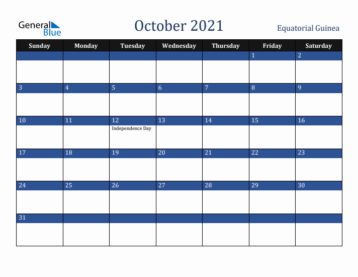October 2021 Equatorial Guinea Calendar (Sunday Start)