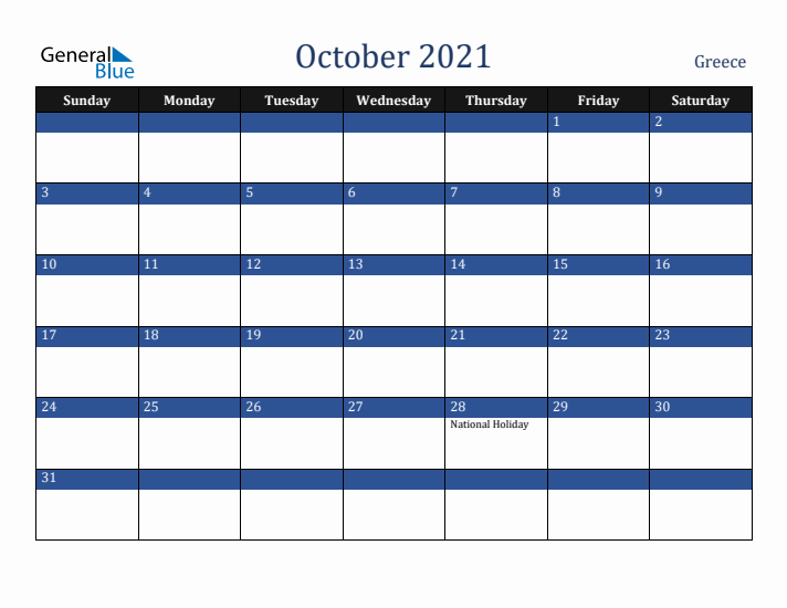 October 2021 Greece Calendar (Sunday Start)