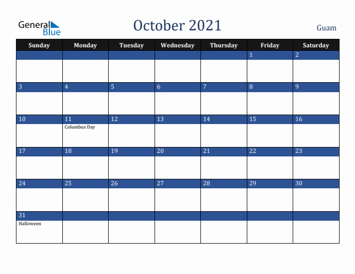 October 2021 Guam Calendar (Sunday Start)