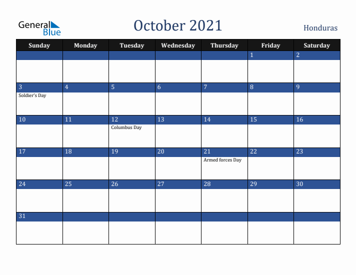 October 2021 Honduras Calendar (Sunday Start)