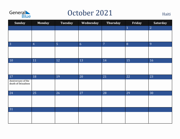 October 2021 Haiti Calendar (Sunday Start)