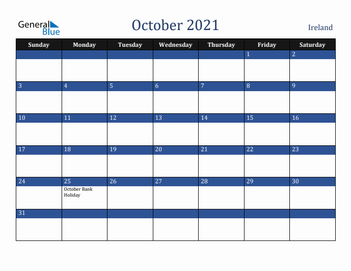 October 2021 Ireland Calendar (Sunday Start)