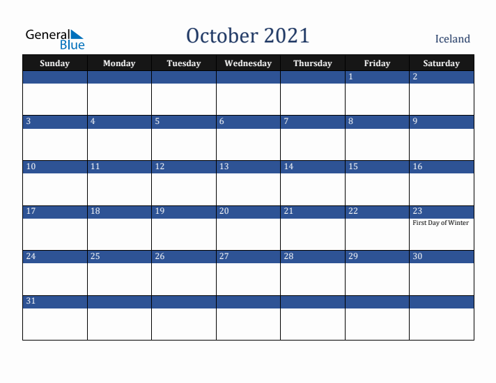 October 2021 Iceland Calendar (Sunday Start)