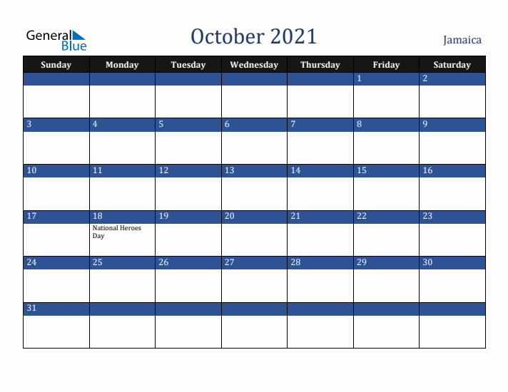 October 2021 Jamaica Calendar (Sunday Start)