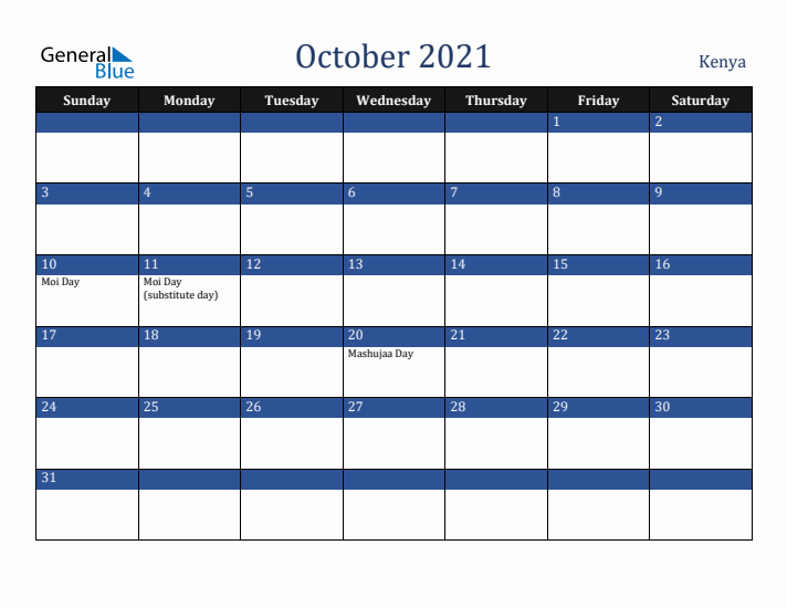 October 2021 Kenya Calendar (Sunday Start)